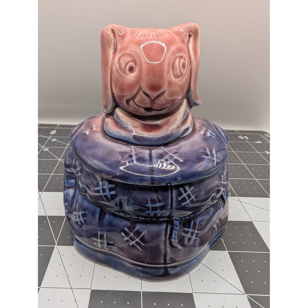 Rabbit Majolica tabacco jar Anthropomorphic Purple Pink Germany 1226 5 inch